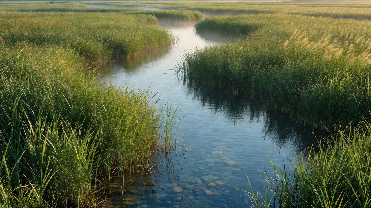 葦の間を流れる小川