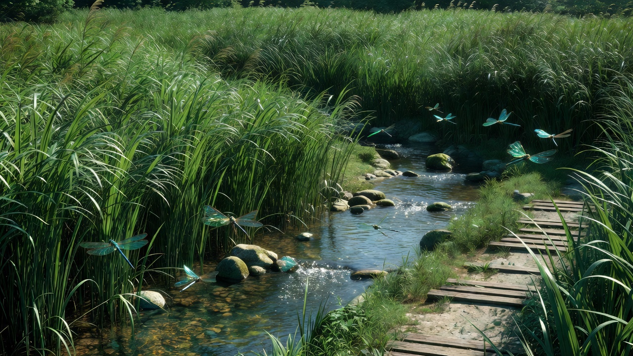 小川に沿って茂る夏の葦 — Summer Reeds